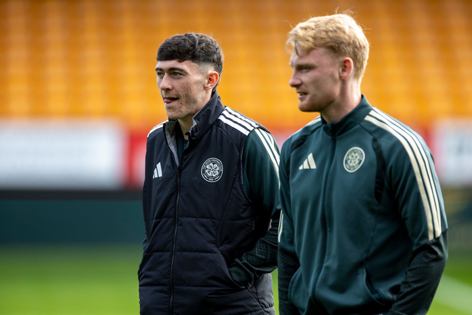Celtic defenders Colby Donovan and Liam Scales at Fir Park before the Scottish Premiership match at Motherwell