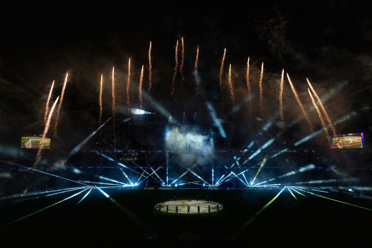 MANCHESTER, ENGLAND - OCTOBER 14: Pyrotechnics are set off during a pre-match light show ahead of the UEFA Champions League 2026/27 league phase MD2 match between Manchester City and Paris Saint-Germain at the Etihad Stadium on October 14, 2026 in Manchester, England. (Photo by Isaac Parkin/Manchester City FC via Getty Images)