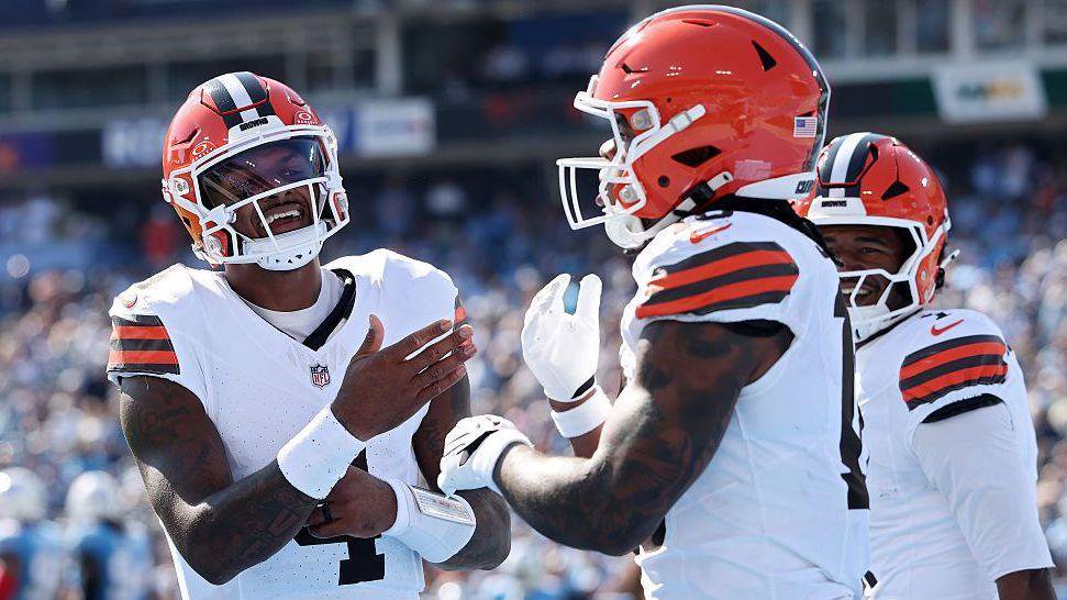 Deshaun Watson of the Cleveland Browns celebrates a touchdown with Quinshon Judkins during their team's win at the Tennessee Titans in October 2026