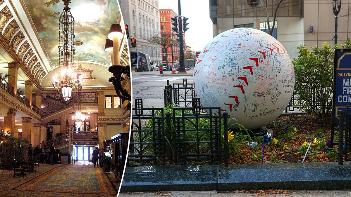 Interior shot of Pfister hotel, view of MLB signed baseball outside the city