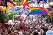 A sea of rainbow flags at Canal Street in Manchester's gay village