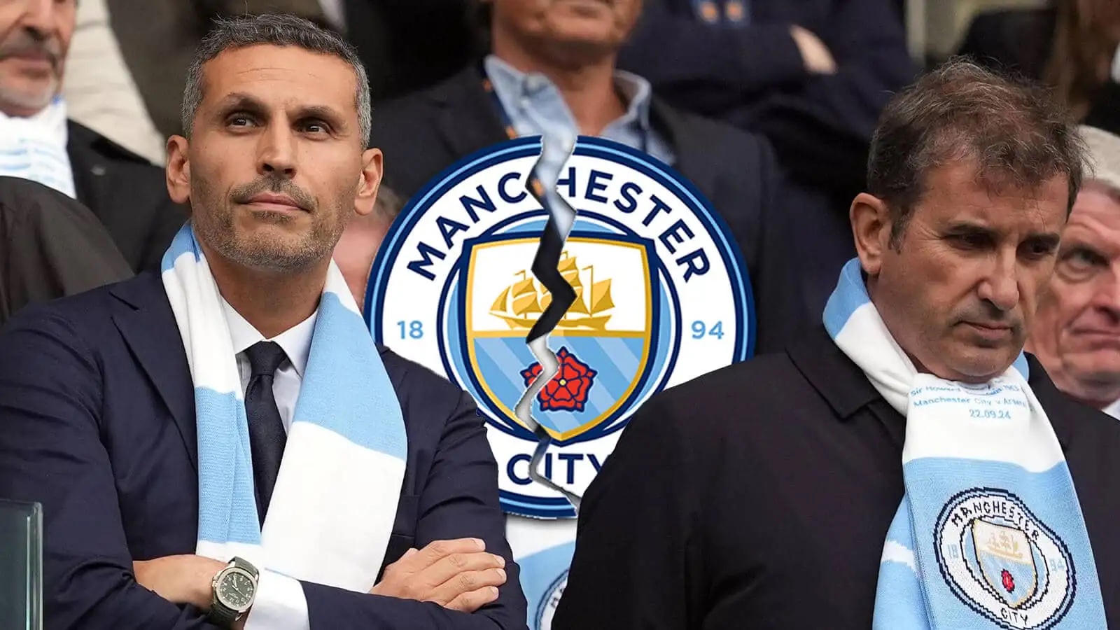 Man City Khaldoon Al Mubarak and chief executive Ferran Soriano next to a cracked Manchester City badge