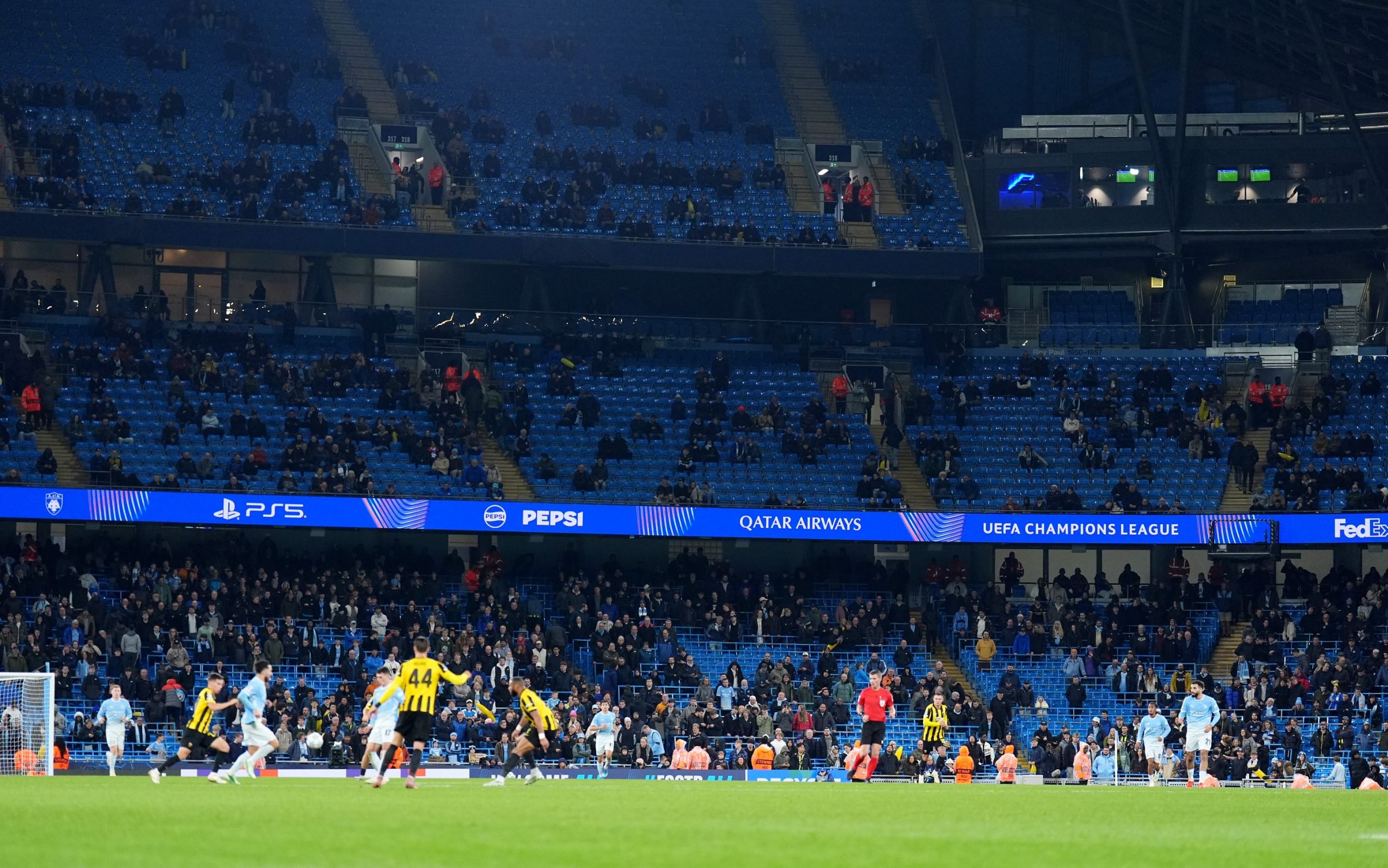 A general view of empty seats in the home end during the UEFA Champions League match at the Etihad Stadium, Manchester. Picture date: Tuesday October 20, 2026. PA Photo.