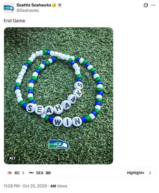 The Seahawks celebrated the win with a post alluding to Taylor Swift's music and fanbase
