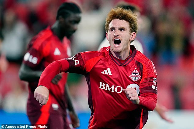 Toronto FC forward Josh Sargent (9) celebrates a goal against D.C. United during the second half of an MLS soccer game in Toronto on Wednesday, Oct. 28, 2026. (Frank Gunn/The Canadian Press via AP)