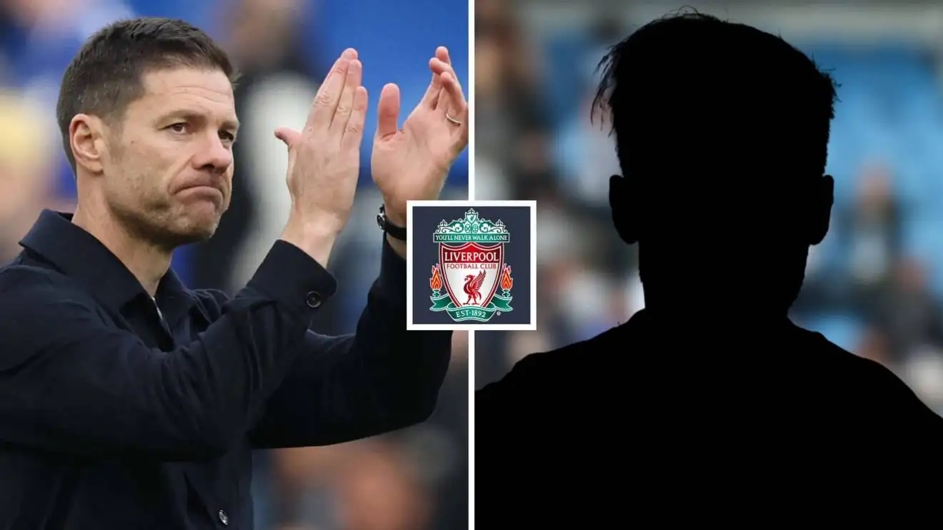 Split image of Chelsea manager Xabi Alonso and a shadow, with the Liverpool badge in between - copyright TEAMtalk