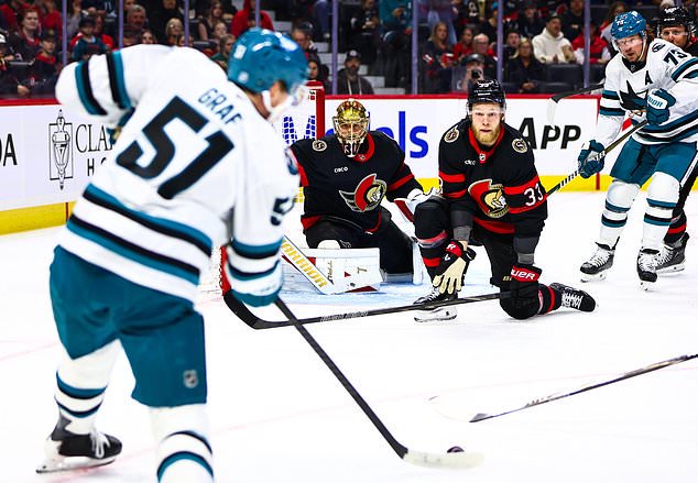 Ottawa Senators' Nikolas Matinpalo (33) looks to block a shot from San Jose Sharks' Collin Graf (51) during first period NHL action in Ottawa, on Thursday, Oct. 22, 2026. (Keito Newman/The Canadian Press via AP)