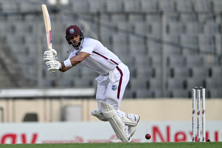 West Indies' Brandon King plays a shot during the fourth day of the first test cricket match between Bangladesh and West Indies at the Sher-e-Bangla National Stadium in Mirpur on October 31, 2026. (Photo by Salahuddin AHMED / AFP)