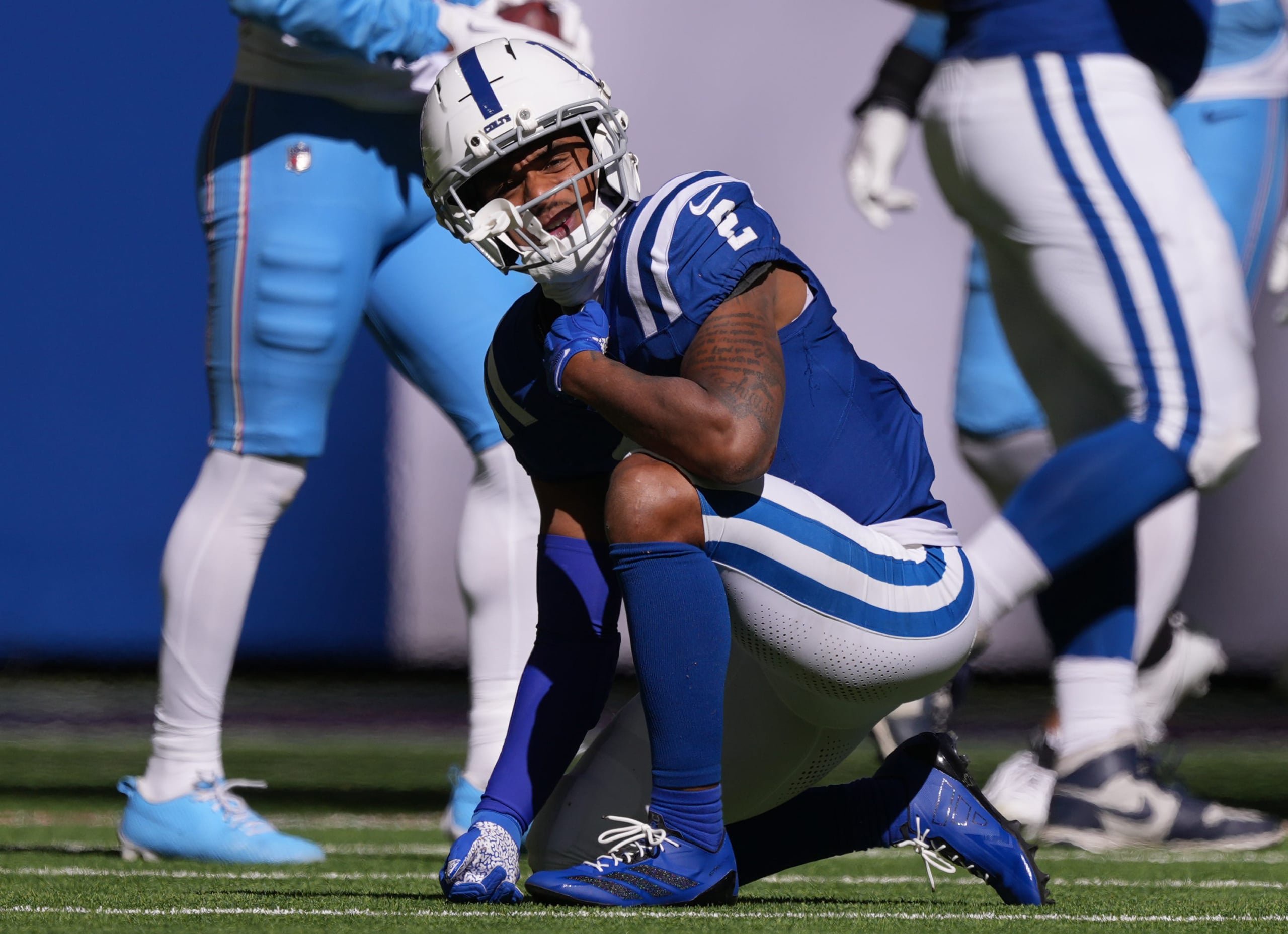 Indianapolis Colts wide receiver Josh Downs (2) reacts Sunday, Oct. 18, 2026, after being tackled during the game against the