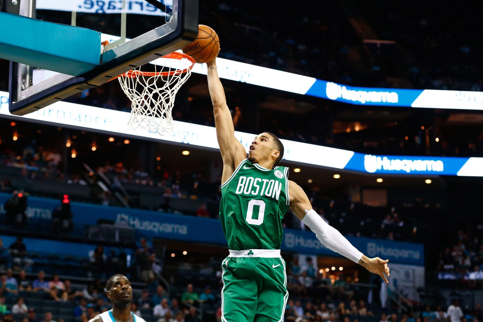 Oct 11, 2017; Charlotte, NC, USA; Boston Celtics forward Jayson Tatum (0) goes up to dunk the ball in the second half against the Charlotte Hornets at Spectrum Center. Mandatory Credit: Jeremy Brevard-USA TODAY Sports