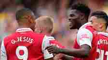 Arsenal's Thomas Partey, right, celebrates with his teammate Gabriel Jesus