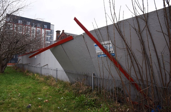 Collapsed hoardings at the site on the corner of St Anne Street on the edge of Liverpool city centre