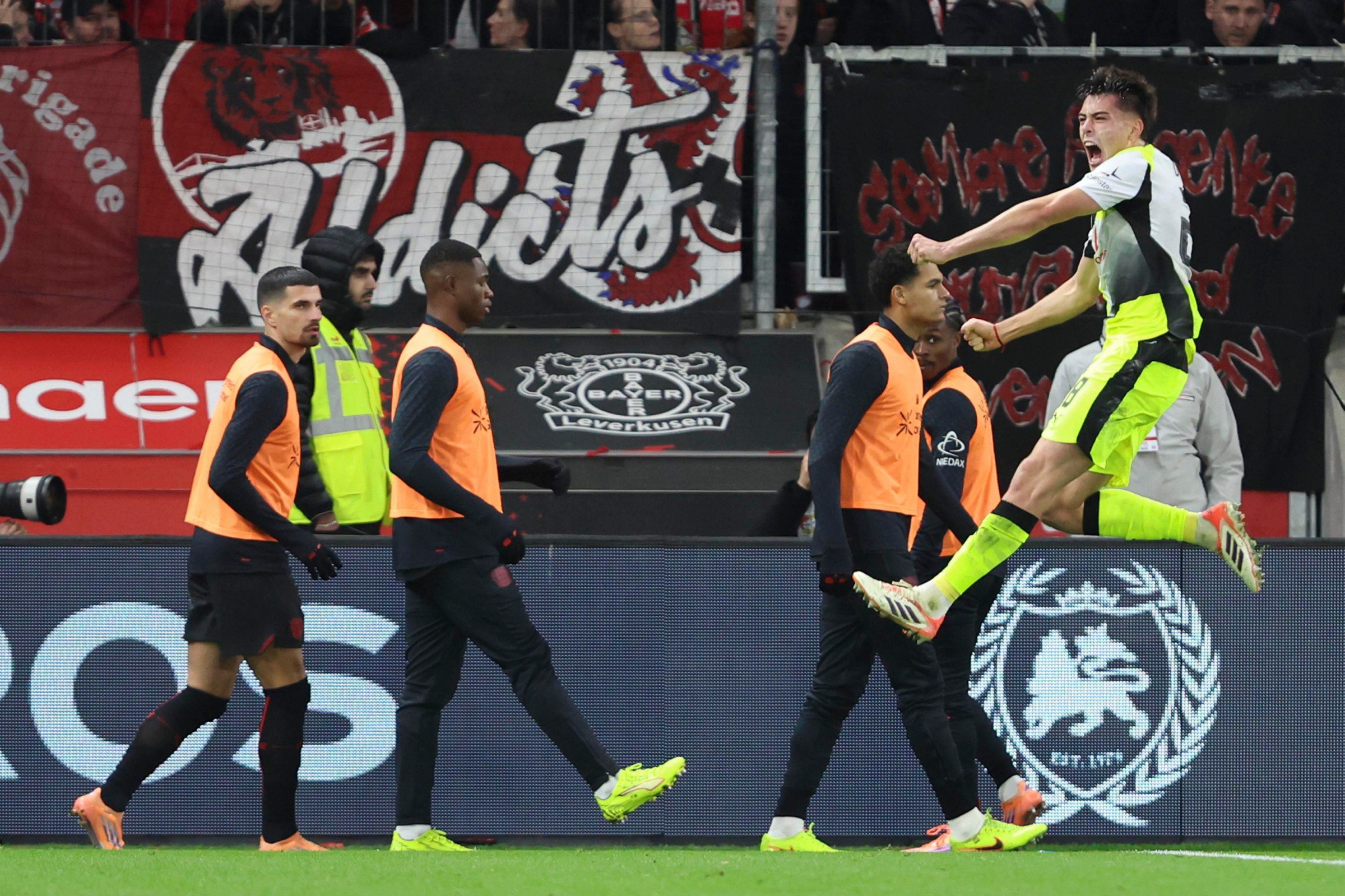 Leverkusen, Germany - November 29: Aarón Anselmino of Borussia Dortmund celebrates after scoring his team’s first goal during the Bundesliga match between Bayer 04 Leverkusen and Borussia Dortmund at BayArena on November 29, 2025 in Leverkusen, Germany. (Photo by Oliver Kaelke/DeFodi Images/DeFodi via Getty Images)