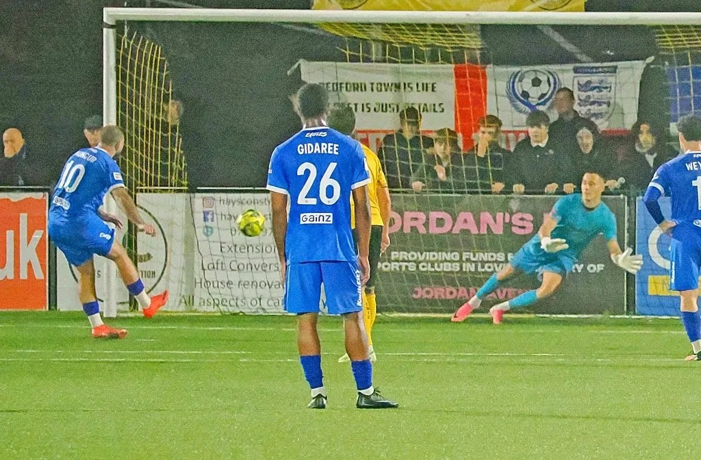 George Moncur scores on the verge of the break at Cray from the penalty spot