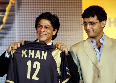 Bollywood superstar Shah Rukh Khan with Sourav Ganguly at the unveiling of the name and logo of Kolkata Knight Riders on March 12, 2008.