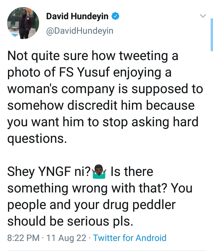 David Hundeyin Reacts To The Viral Picture Of FS Yusuf Enjoying A Woman's Company Shared By Nnamani