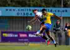 Snodland Town player Ryan Atkinson up against Deal Town earlier this season Picture: Paul Willmott