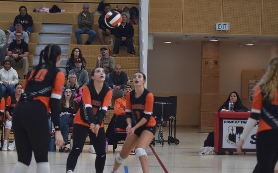 Spangdahlem’s Summer Mundy, from left, Reagan Manz and Emily Castano watch the ball during the finals against AFNORTH finals on Saturday, Oct. 31, 2026, of the 2026 DODEA Division III European girls volleyball championships in Spangdahlem, Germany. Spangdahlem won the title in a close, five-set match, 25-17, 22-25, 25-7, 19-25, 15-11.