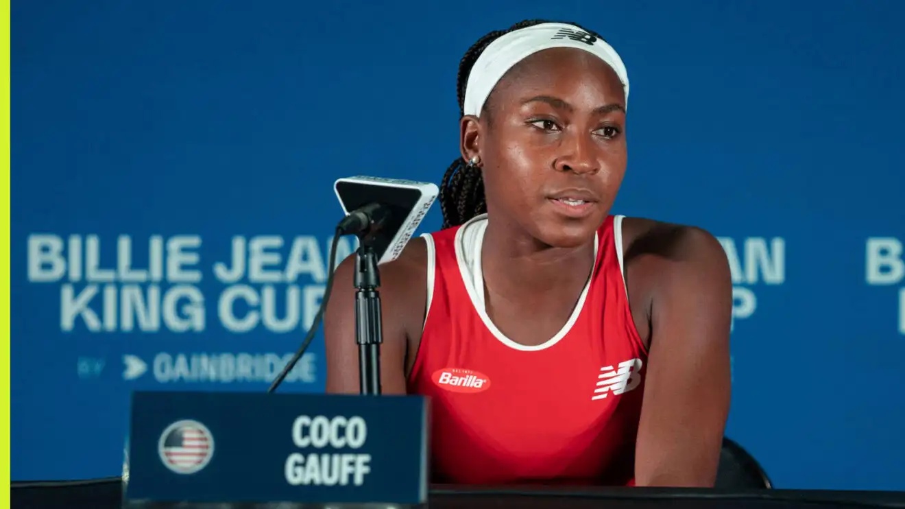 Pictured: Coco Gauff attends a press conference