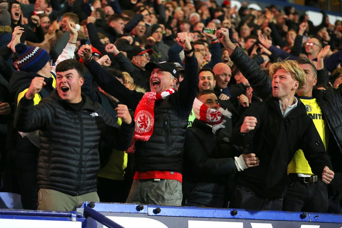Boro fans celebrate the second goal at Bolton Wanderers
