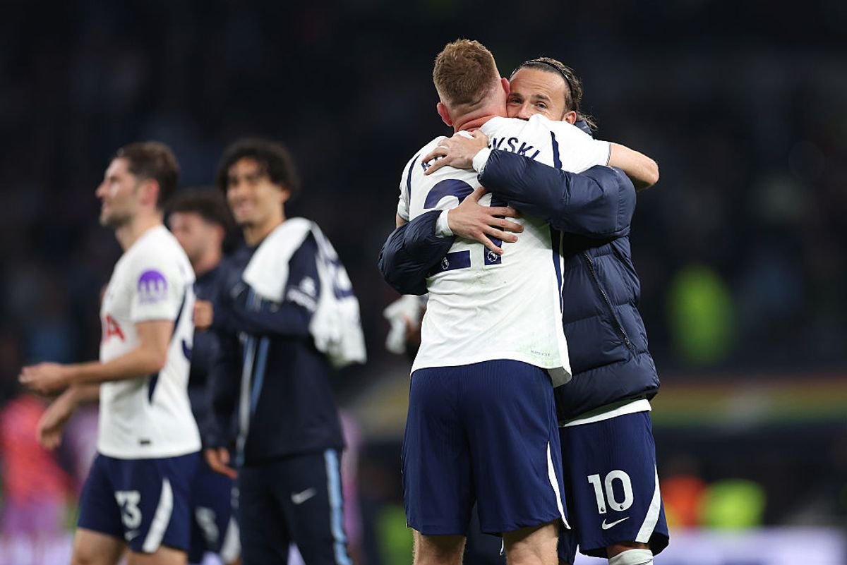 James Maddison embraces Dejan Kulusevski following Tottenham's win over Coventry City