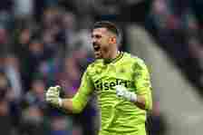 Martin Dubravka of Newcastle United celebrates after Anthony Gordon of Newcastle United (not pictured) scores his team's first goal during the Prem...