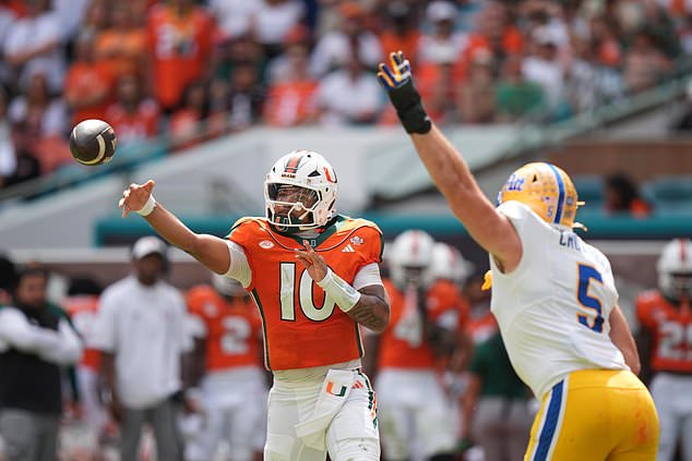 Miami quarterback Darian Mensah (10) throws a pass as Pittsburgh defensive lineman Zach Crothers (5) defends during the first half of an NCAA college football game, Saturday, Oct. 24, 2026, in Miami Gardens, Fla. (AP Photo/Rebecca Blackwell)