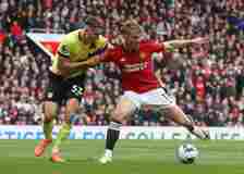 Rasmus Hojlund of Manchester United in action with Maxime Esteve of Burnley during the Premier League match between Manchester United and Burnley F...