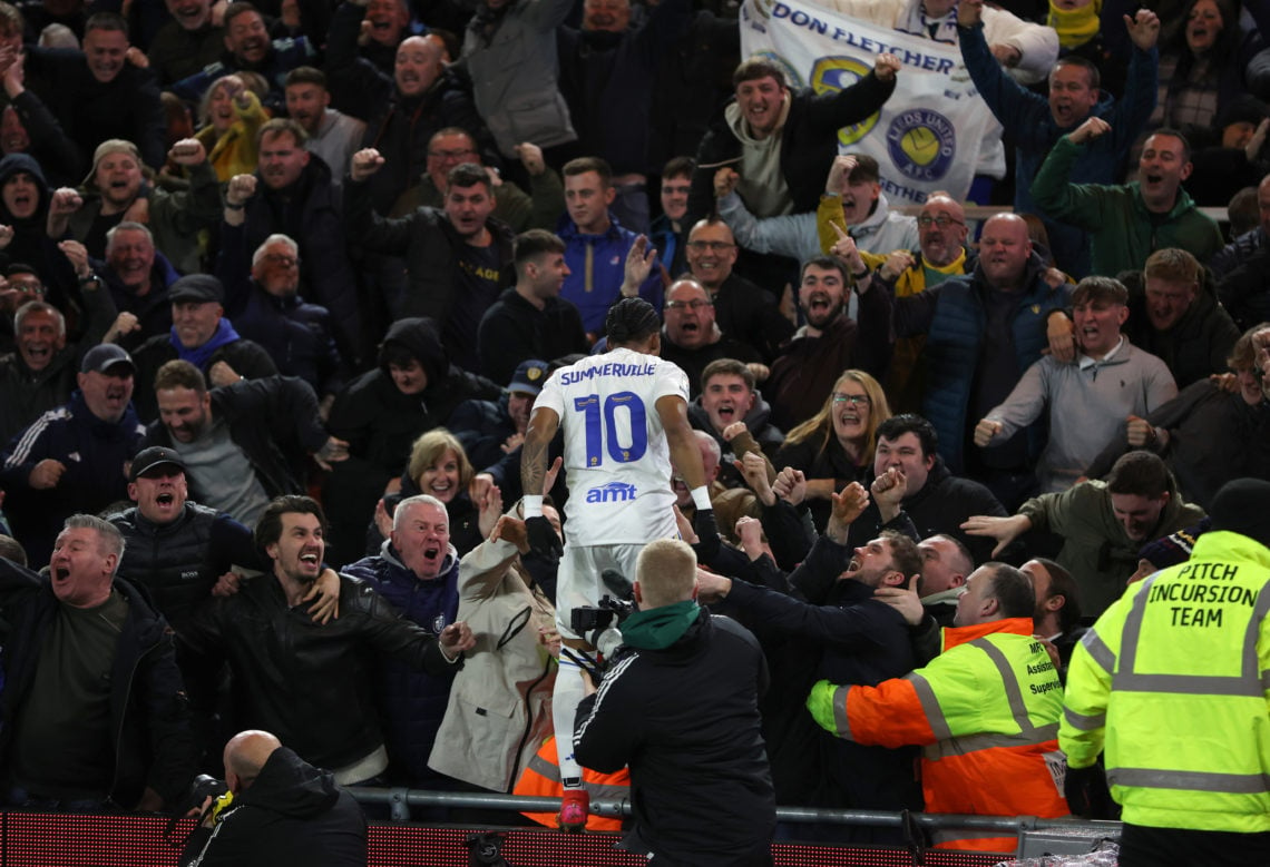 Crysencio Summerville of Leeds United celebrates scoring their fourth goal with fans during the Sky Bet Championship match between Middlesbrough an...