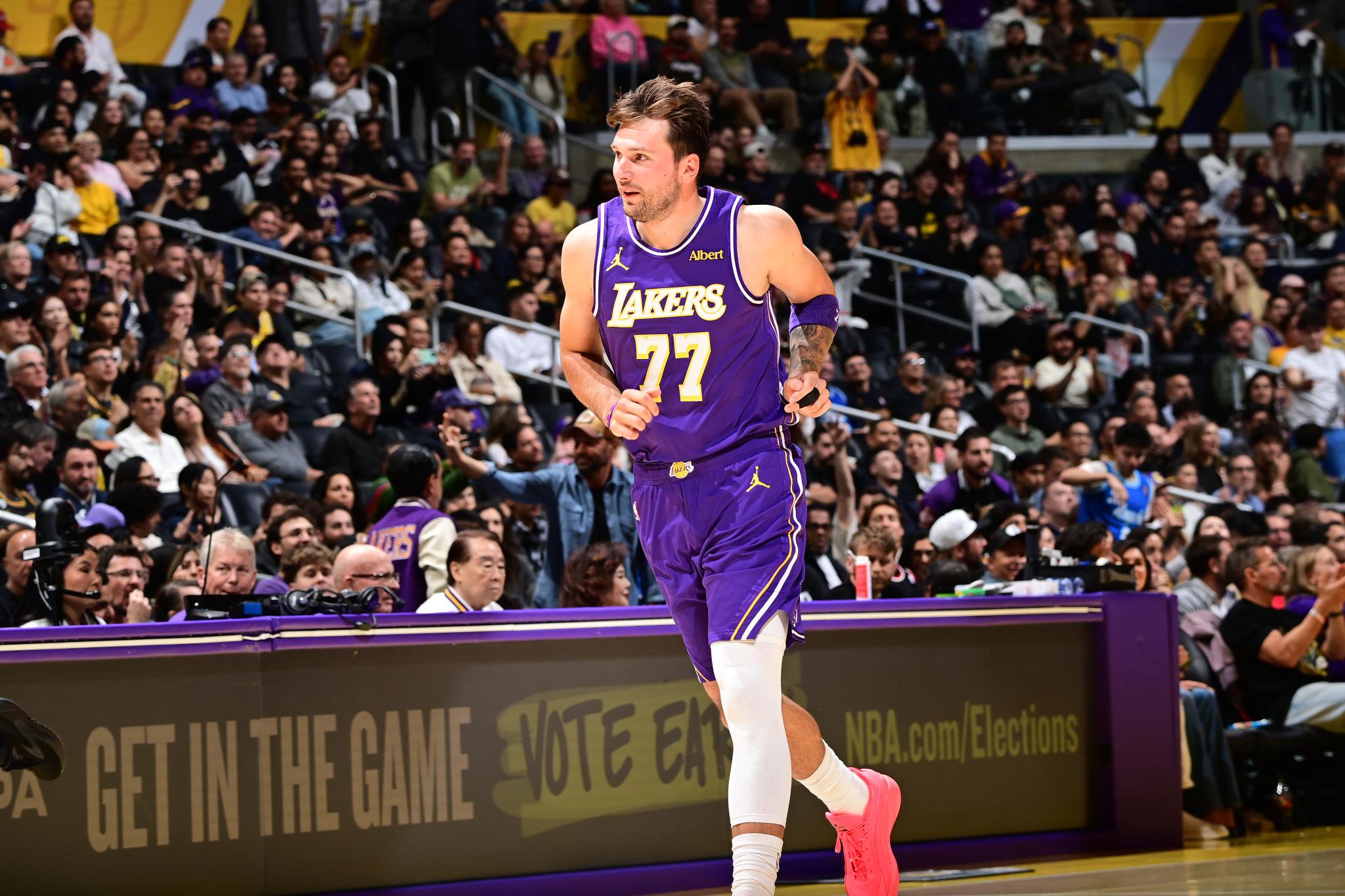 Luka Doncic of the Los Angeles Lakers smiles during the game against the Portland Trail Blazers at Crypto.Com Arena in Los Angeles.
