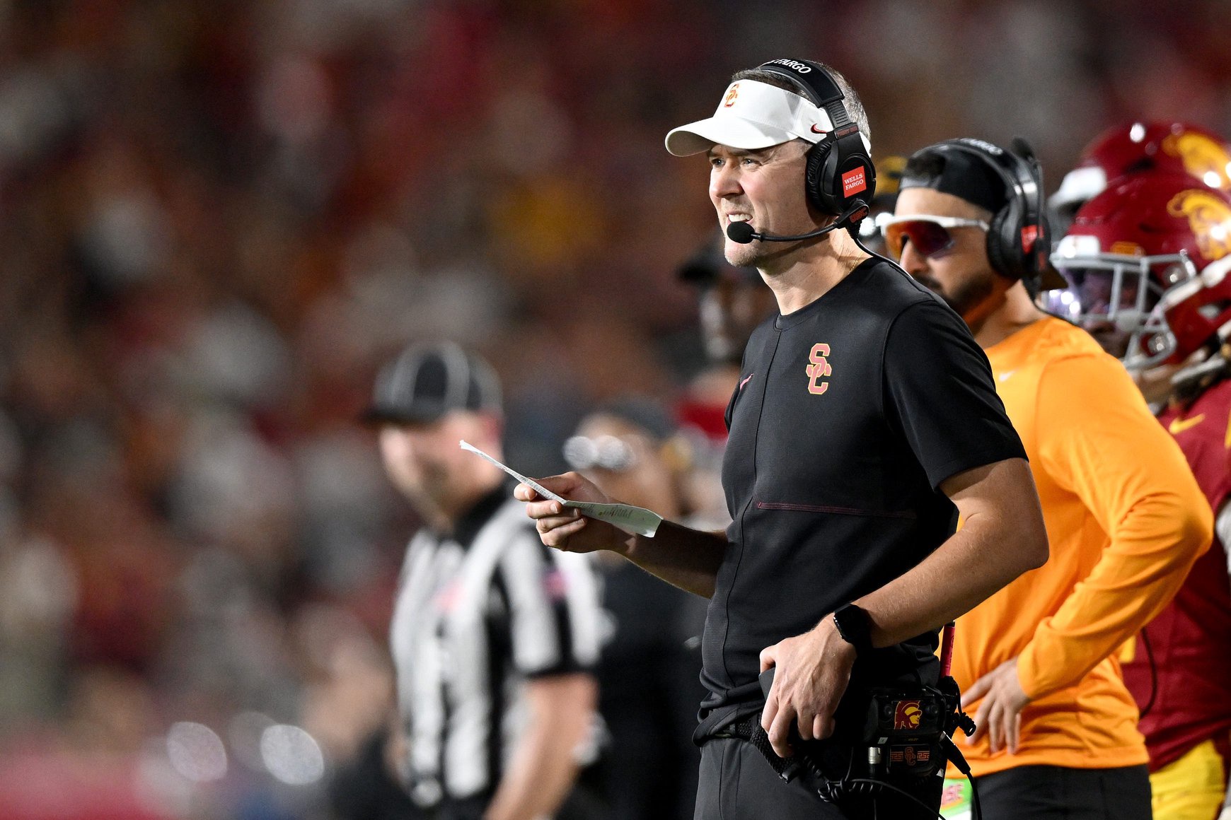Oct 3, 2026; Los Angeles, California, USA;  USC Trojans head coach Lincoln Riley looks on against the Washington Huskies during the third quarter at United Airlines Field at Los Angeles Memorial Coliseum.  Mandatory Credit: Griffin Hooper-Imagn Images