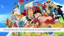 One Piece Straw Hat Pirates members Monkey D. Luffy, Roronoa Zoro, Nami, Usopp, Vinsmoke Sanji, Tony Tony Chopper, Nico Robin, Franky, Brook, Jinbe in ONE Esports featured image for article "One Piece watch order: How to watch the anime, movies, and OVAs in chronological order"