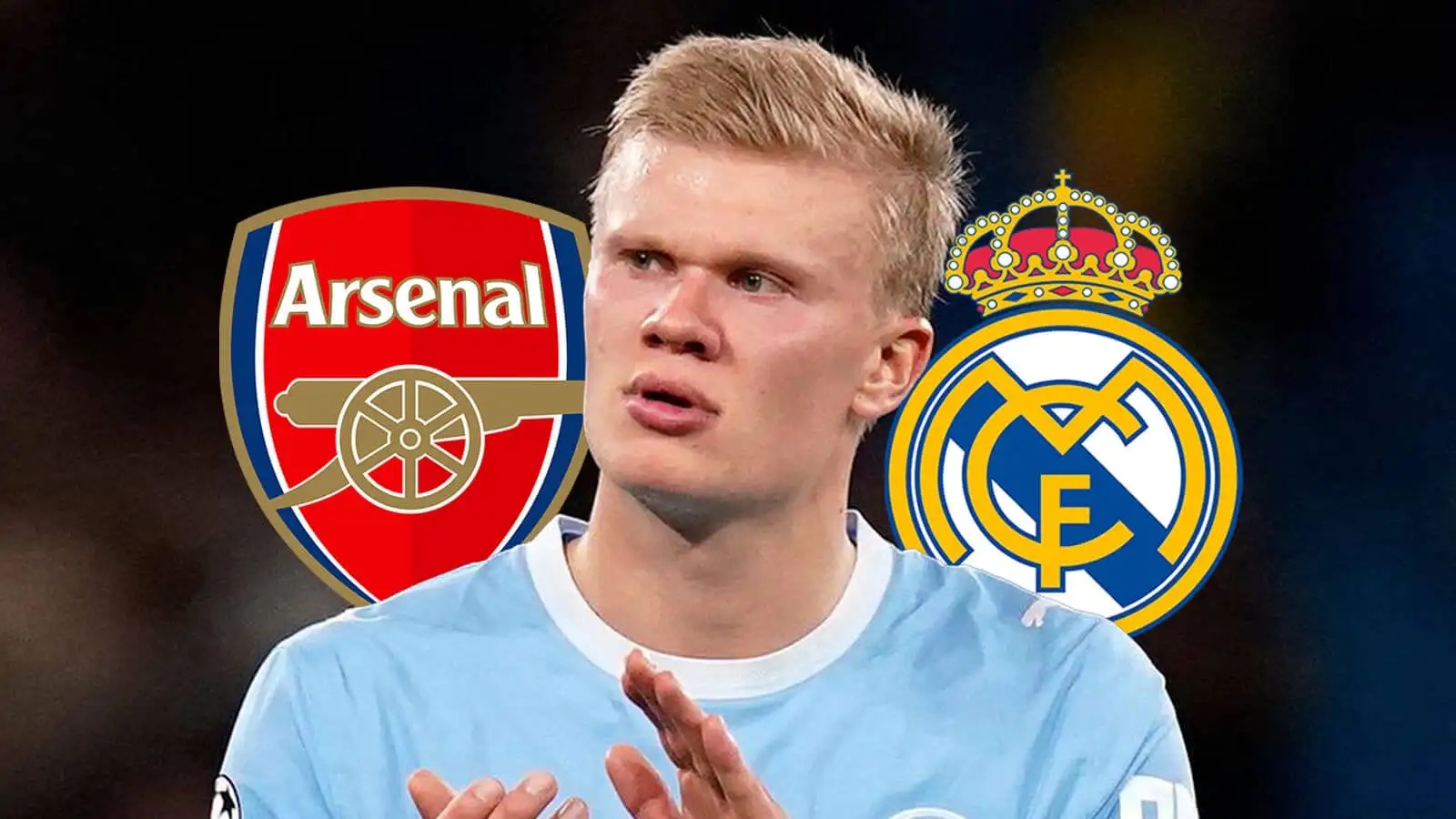 Arsenal badge, Erling Haaland and Real Madrid badge - copyright TEAMtalk