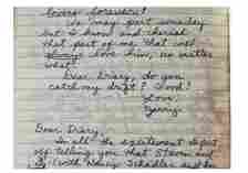 A close-up image of a handwritten journal page, inscribed in cursive script. Image is centered on a passage that reads “…We may part someday but I know and cherish that part of me that will always love him, no matter what. Dear Diary, do you catch my drift? Good! Love, Jerry.” The word ‘always’ in the above text is underlined.