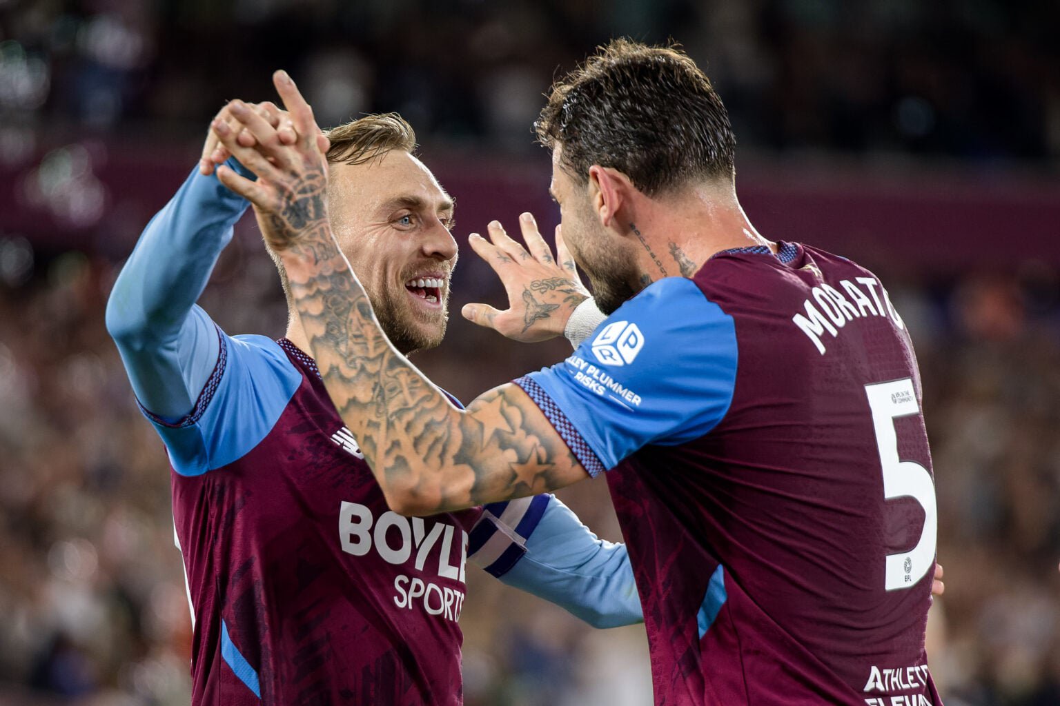 Jarrod Bowen of West Ham celebrates with teammate Morato - West Ham United v Wrexham - Sky Bet Championship 2026/27