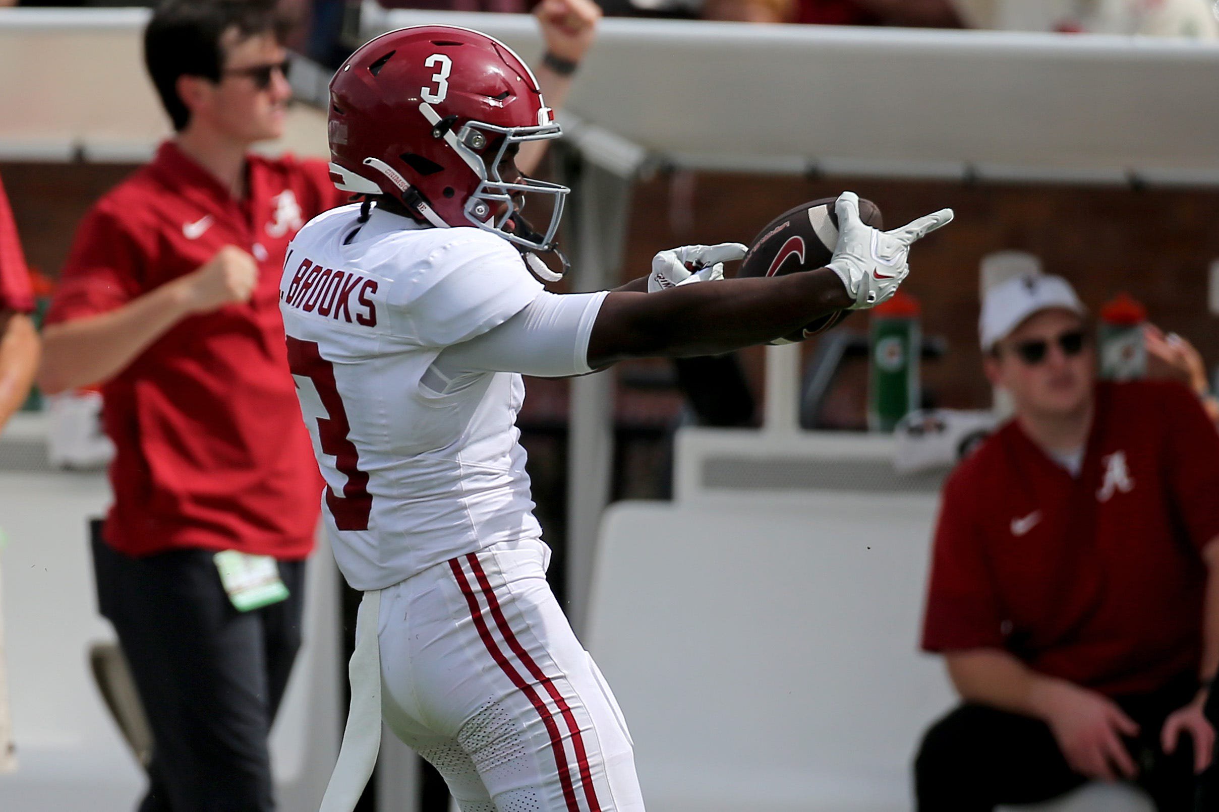 Oct 3, 2026; Starkville, Mississippi, USA; Alabama Crimson Tide wide receiver Lotzeir Brooks (3) reacts after a catch during the second quarter against the Mississippi State Bulldogs at Davis Wade Stadium at Scott Field. Mandatory Credit: Petre Thomas-Imagn Images