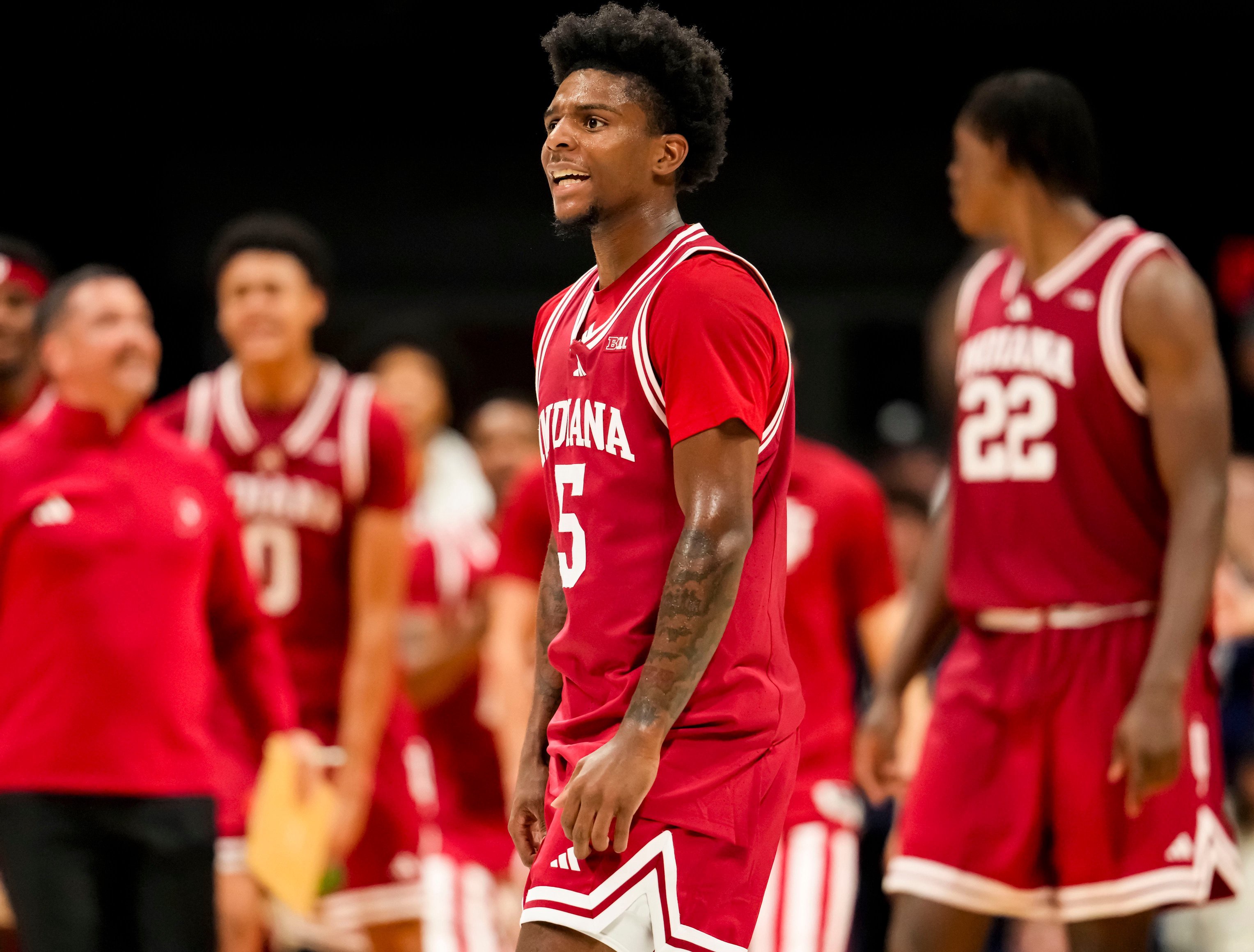 Indiana Hoosiers forward Markus Burton (5) yells in excitement Sunday, Oct. 11, 2026, during a preseason game at Hinkle Fieldhouse in Indianapolis. The Indiana Hoosiers defeated the Butler Bulldogs, 96-68.