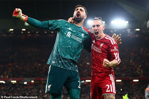Giorgi Mamardashvili celebrates his side's victory over Chelsea with his team-mate Kostas Tsimikas. It was the goalkeeper's finest performance in a Liverpool shirt