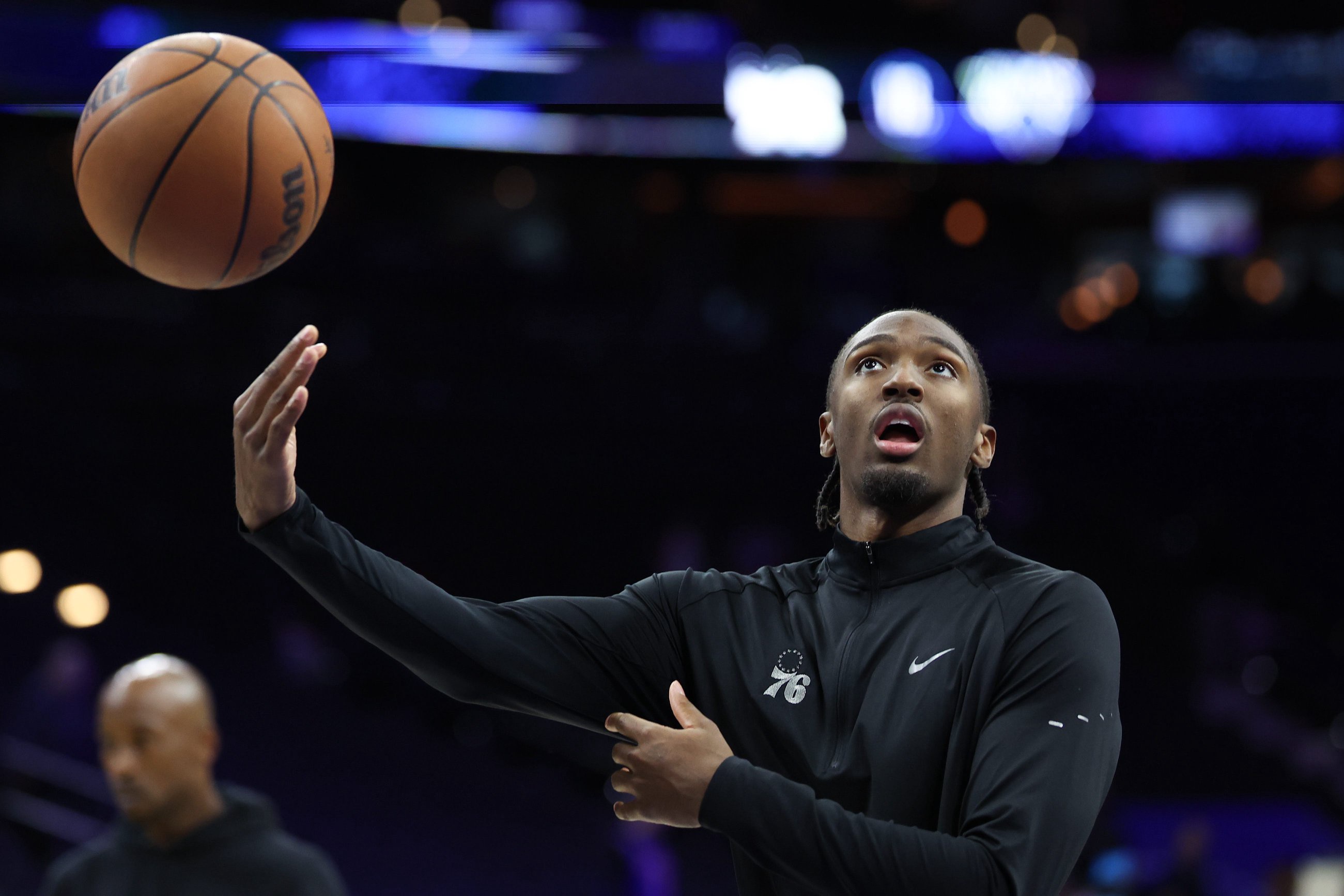Oct 5, 2026; Philadelphia, Pennsylvania, USA; Philadelphia 76ers guard Tyrese Maxey before a game against the New York Knicks at Xfinity Mobile Arena. Mandatory Credit: Bill Streicher-Imagn Images