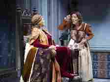 Tracy Michelle Arnold (left) and Nancy Rodríguez in "The Virgin Queen Entertains Her Fool."