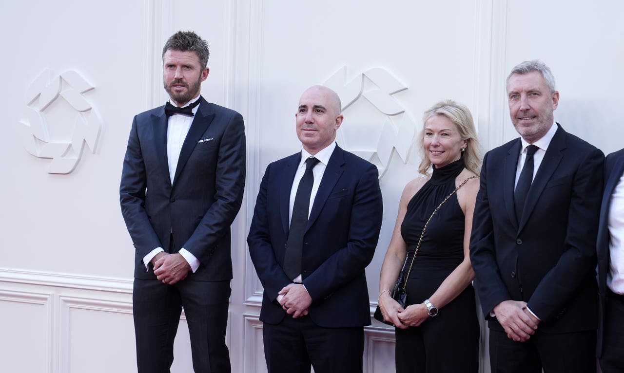Director of football Jason Wilcox (right) and chief executive Omar Berrada (second left) are in talks about the future of Michael Carrick (left)