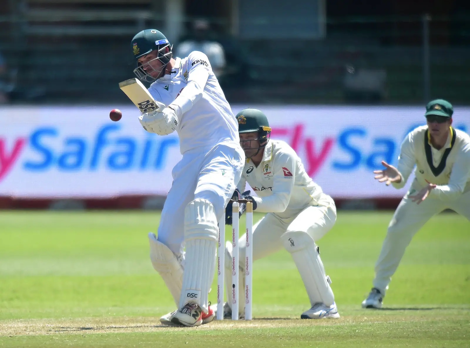 Proteas batter Marco Jansen strikes out during his innings on the third day of the second cricket Test at St George's Park on Tuesday 