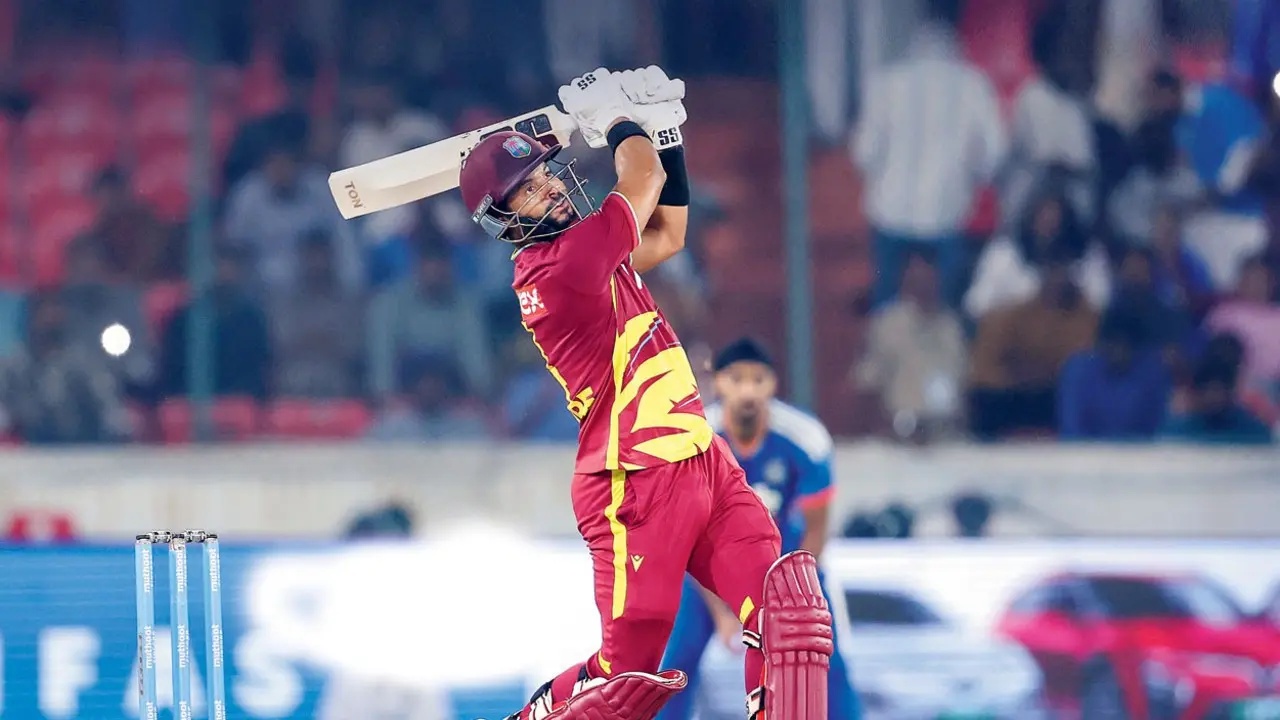 WI skipper Shai Hope en route his 102 not out during the fourth T20I  in Hyderabad on Wednesday. Pic/BCCI