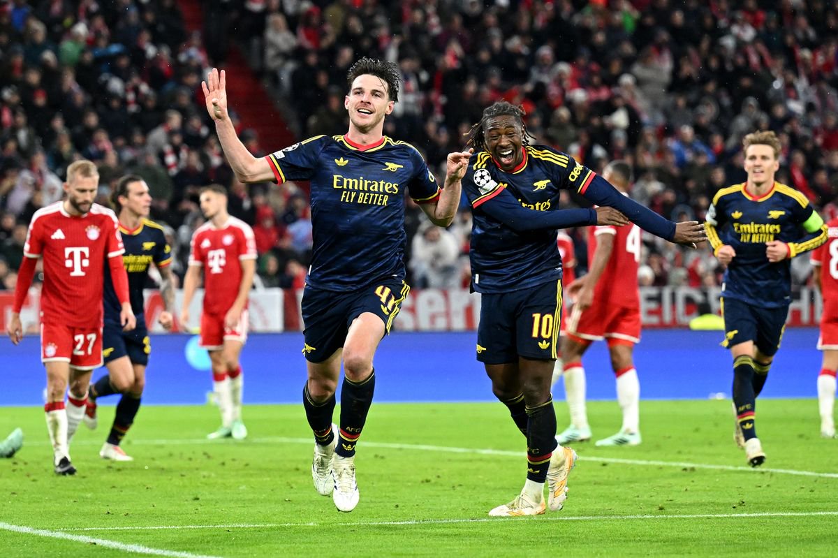 MUNICH, GERMANY - OCTOBER 21: Declan Rice of Arsenal celebrates scoring his team’s second goal with Eberechi Eze during the UEFA Champions League 2026/27 League Phase MD3 match between FC Bayern München and Arsenal FC at Football Arena Munich on October 21, 2026 in Munich, Germany. (Photo by Stuart MacFarlane/Arsenal FC via Getty Images)