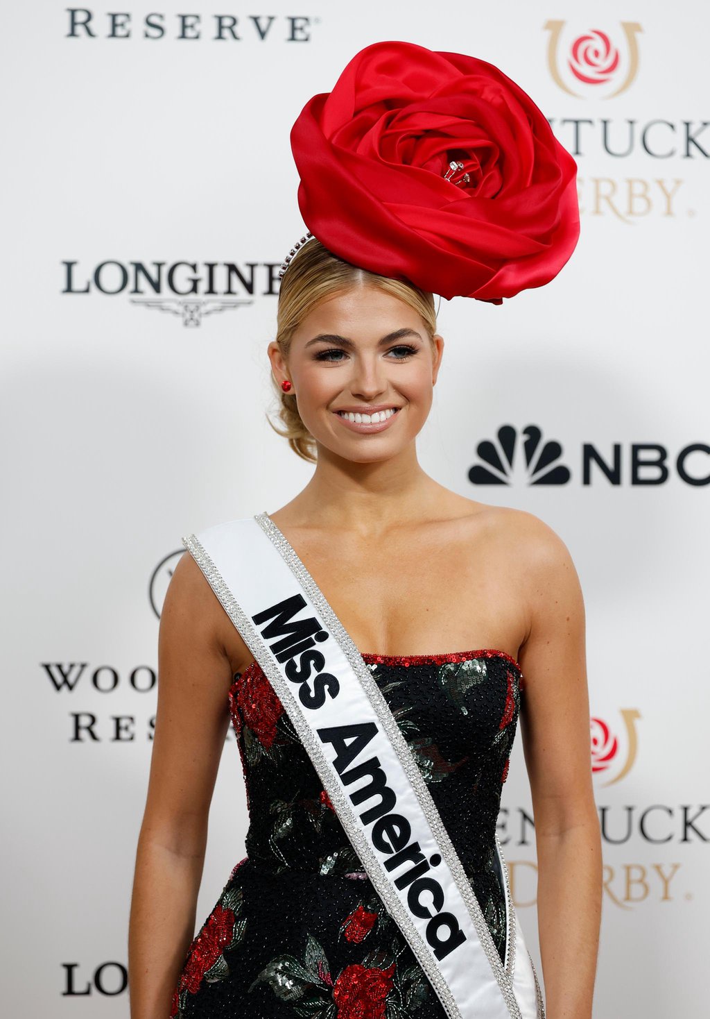 Miss America 2025 Abbie Stockard poses on the red carpet before the start of the 151st Running of the Kentucky Derby in Louisville, Ky., Saturday, May 3, 2025.