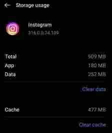 Screenshot of Instagram clear data and clear cache options Android