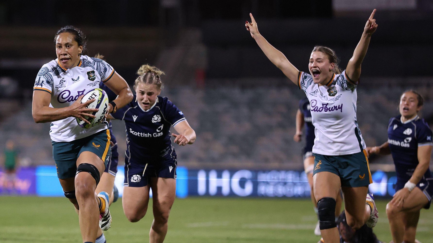Piper Duck of the Wallaroos dives in to score her team's fourth try during the WXV Global Series test match between Australia Wallaroos and Scotland 
