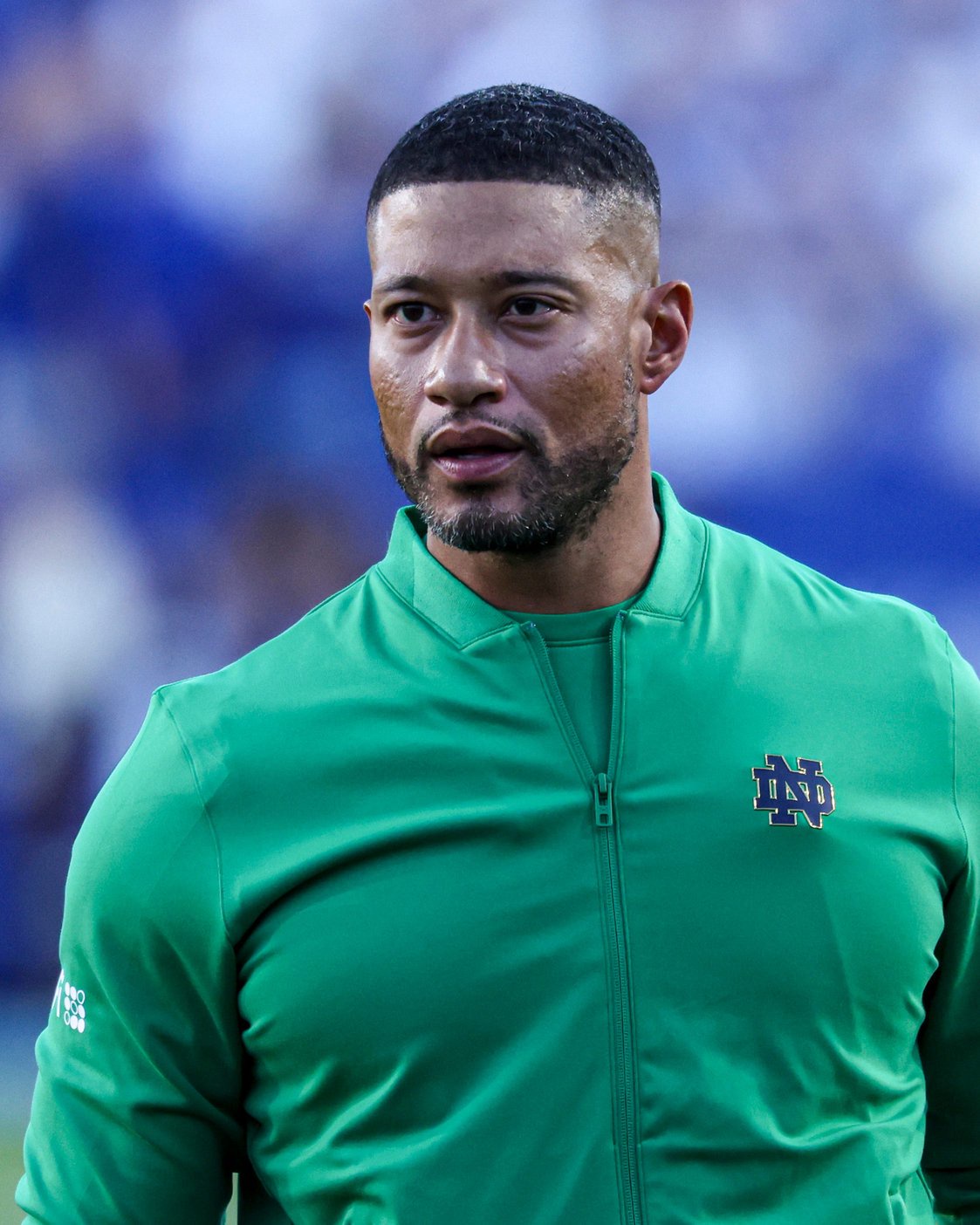 Oct 17, 2026; Provo, Utah, USA; Notre Dame Fighting Irish head coach Marcus Freeman looks on during the first half against the Brigham Young Cougars at LaVell Edwards Stadium. Mandatory Credit: Rob Gray-Imagn Images