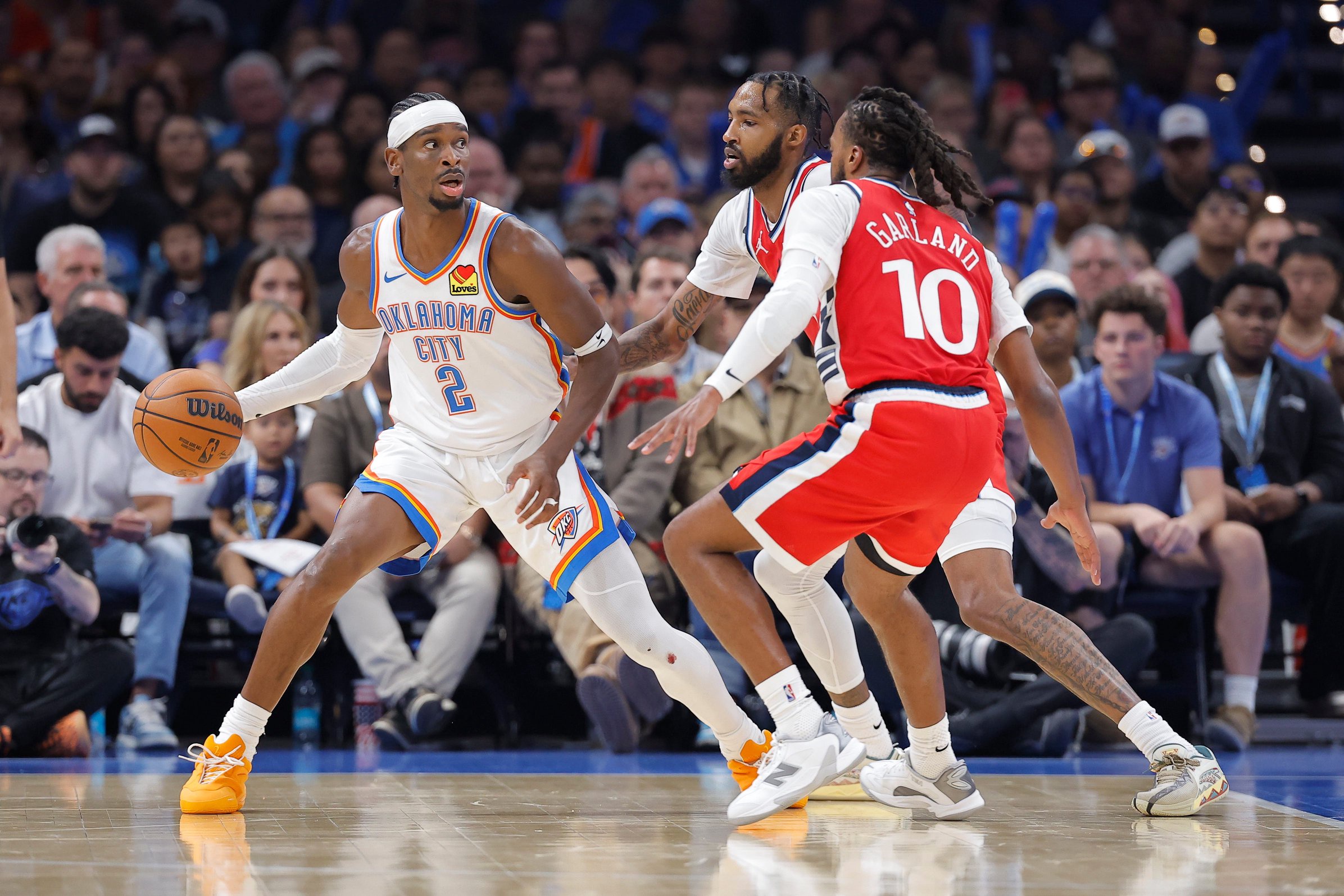 Oct 25, 2026; Oklahoma City, Oklahoma, USA; Oklahoma City Thunder guard Shai Gilgeous-Alexander (2) moves the ball against the Los Angeles Clippers during the second half at Paycom Center. Mandatory Credit: Alonzo Adams-Imagn Images
