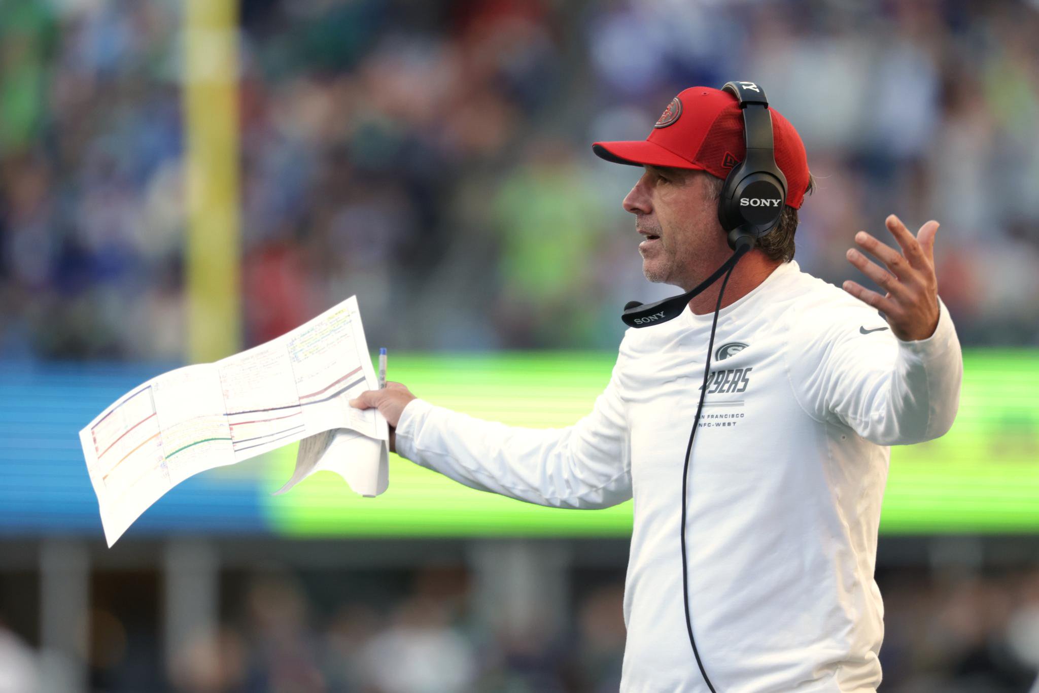 San Francisco 49ers head coach Kyle Shanahan reacts during a game against the Seattle Seahawks.